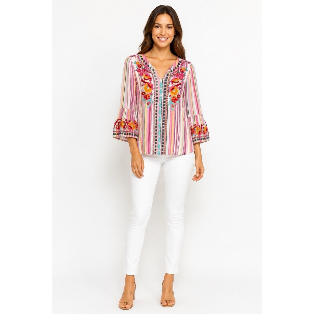 Savanna Jane Womens M Embroidered Floral Striped Bell Sleeve Boho Festival Rayon